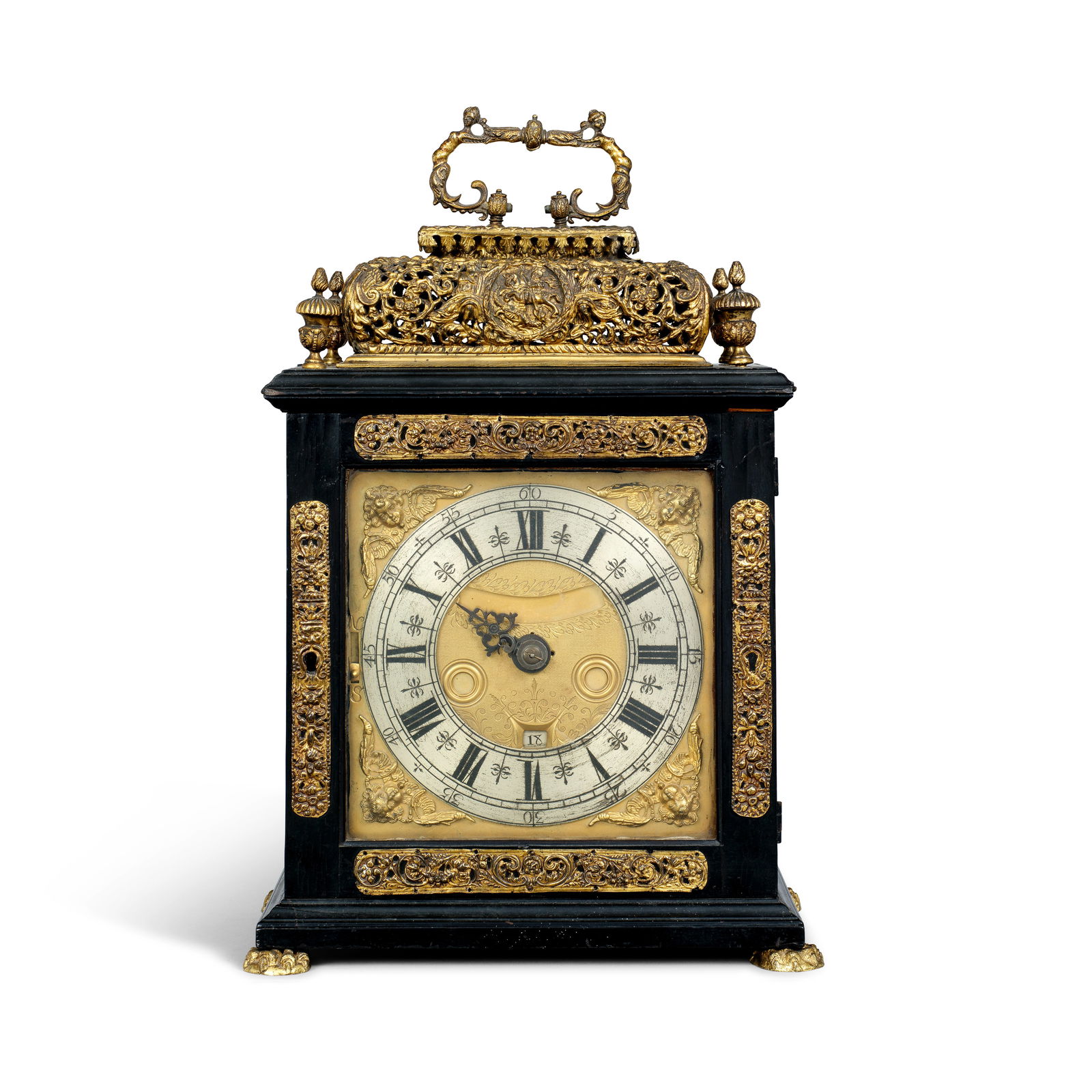 A late 17th century ebony veneered basket top table clock case and dial (1 of 1)