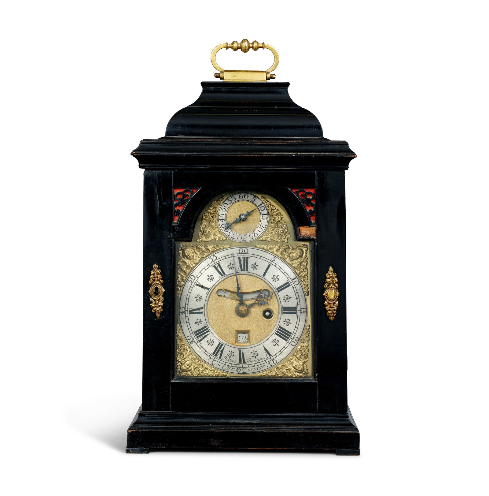 A first half of the 18th century ebonised inverted bell top repeating table clock John Thompson,...: A first half of the 18th century ebonised inverted bell top repeating table clock John Thompson, Uxbridge The case surmounted by a knopped brass carrying handle over an inverted bell top over pierced