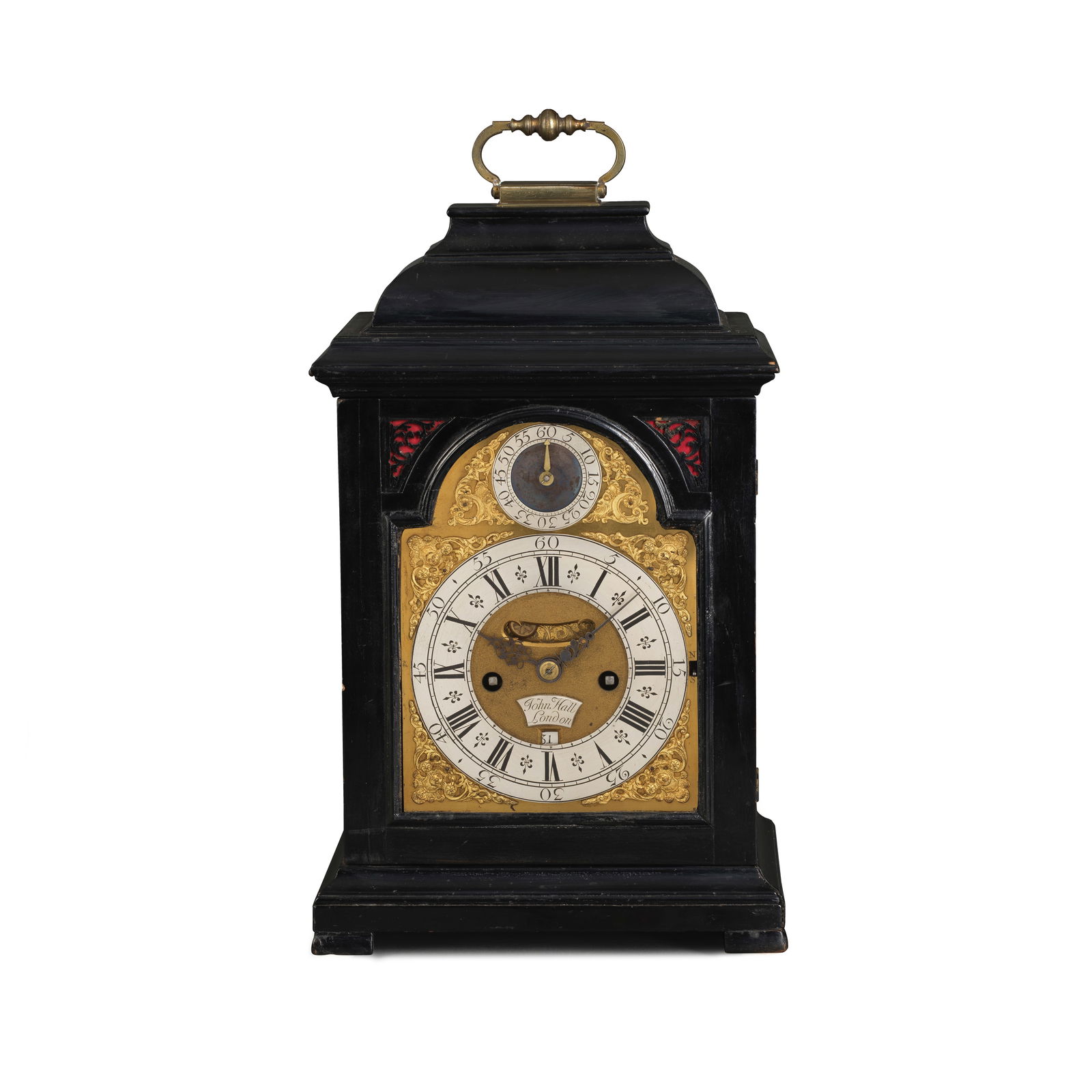 A good mid 18th century ebonised striking and quarter-repeating table clock John Hall, London: A good mid 18th century ebonised striking and quarter-repeating table clock John Hall, London The inverted bell top surmounted by a knopped carrying handle, over a moulded front with glazed sides and
