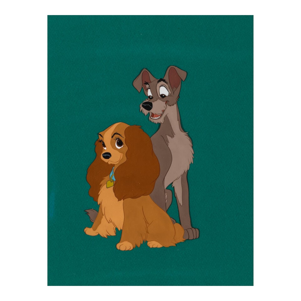 'Lady' and 'Tramp' Hand Painted Animation Cel From Lady and the Tramp Disney, 1955: 'Lady' and 'Tramp' Hand Painted Animation Cel From Lady and the Tramp Disney, 1955 animation cel accomplished in gouache visible through 9.5 x 12.5 in. mat and 16.25 x 19.25 in. frame. Depicting 'Lady