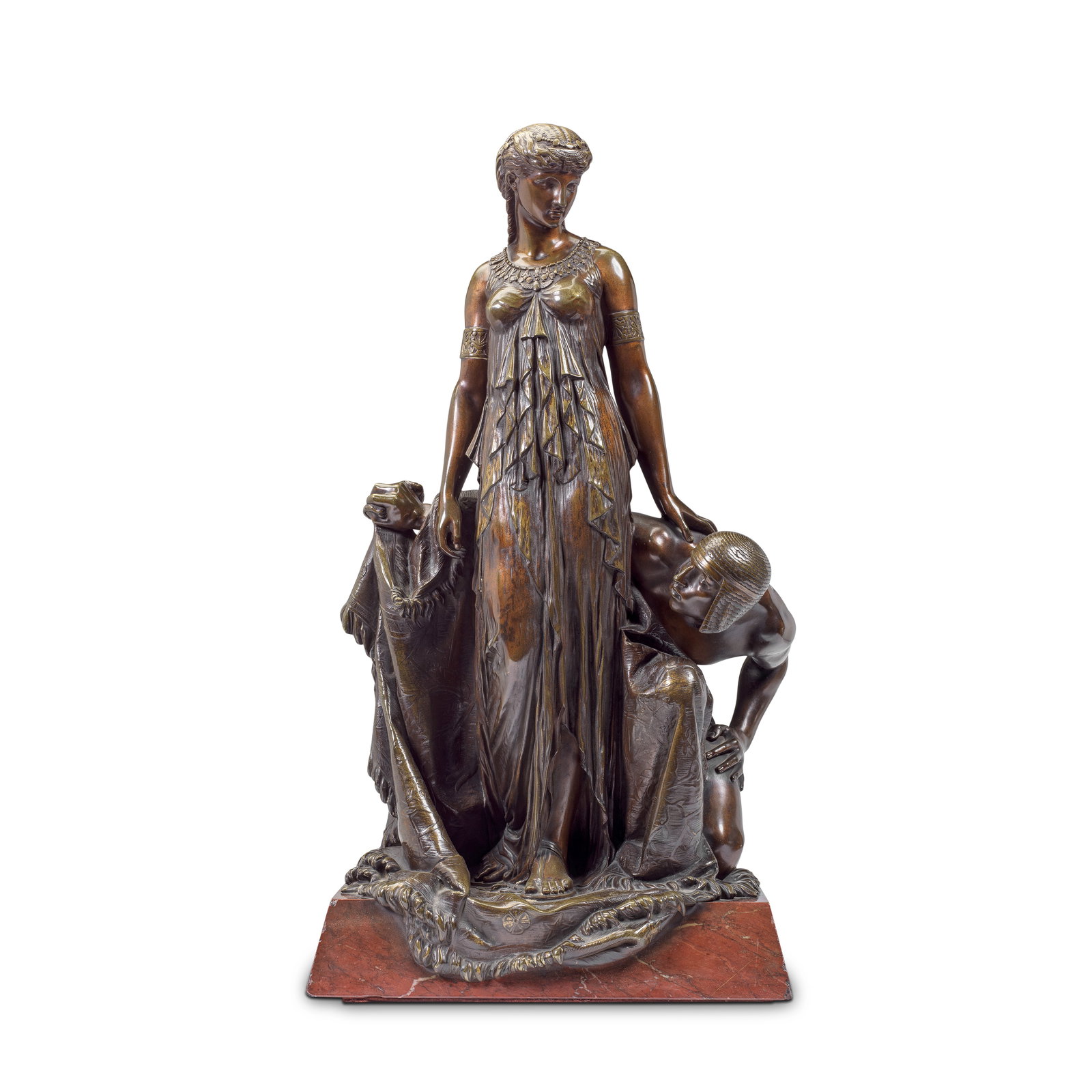 Étienne-Henri Dumaige (French,1830-1888): A patinated bronze Orientalist figural group depi...: Étienne-Henri Dumaige (French,1830-1888): A patinated bronze Orientalist figural group depicting Cleopatra before Caesar The subject after Jean-Léon Gérôme (French, 1824-1904) The