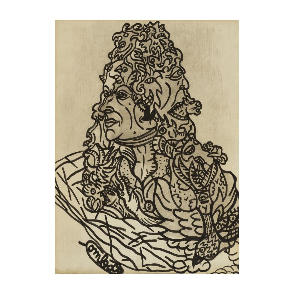 ROBERT COMBAS (N. 1957) Une espèce de type de l'époque d'avant, entouré éche...: ROBERT COMBAS (N. 1957) Une espèce de type de l'époque d'avant, entouré échevelé de plein de trucs. Un Louis XIV via Arcimboldo 1993 signé fusain et feutre sur papier sig