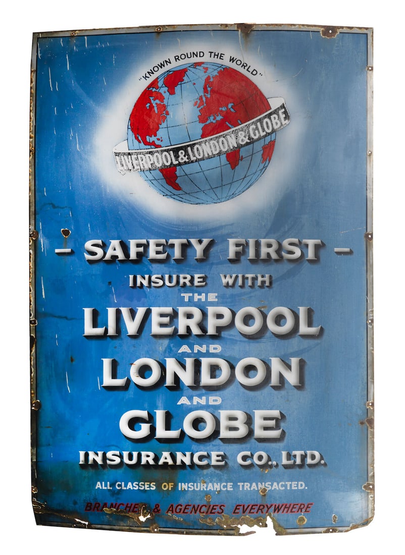 A large 'Liverpool & London & Globe Insurance Co.Ltd. - Safety First' enamel advertising sign, 1... (1 of 1)