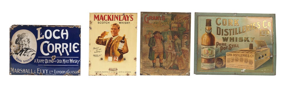 A 'Loch Corrie' Malt Whisky enamel sign, and three other Whisky advertising signs, ((4)) (1 of 1)