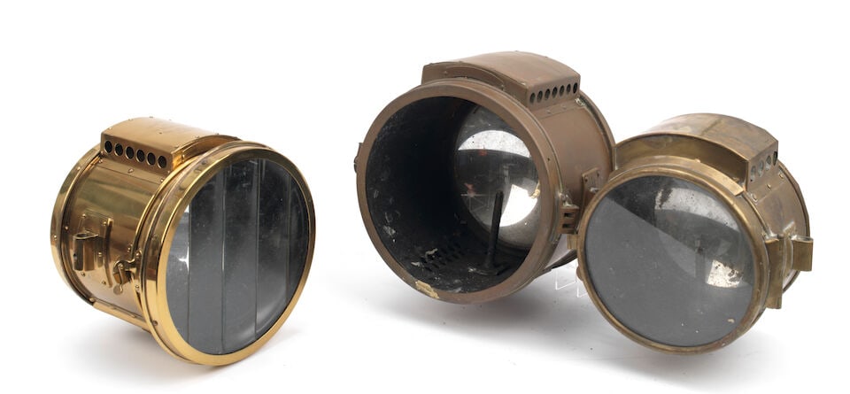 Three brass acetylene drum-shaped headlamps, ((3)) (1 of 1)