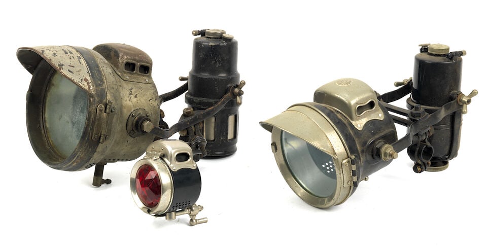 Two Powell & Hanmer motorcycle lamp and generator sets on brackets, ((3)) (1 of 1)