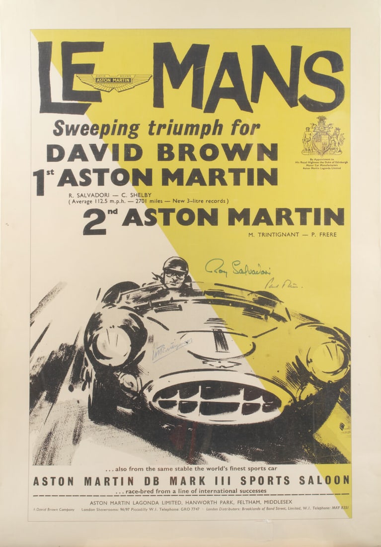 A signed replica of the 1959 Aston Martin 'Le Mans Sweeping Triumph...'poster, (1 of 1)