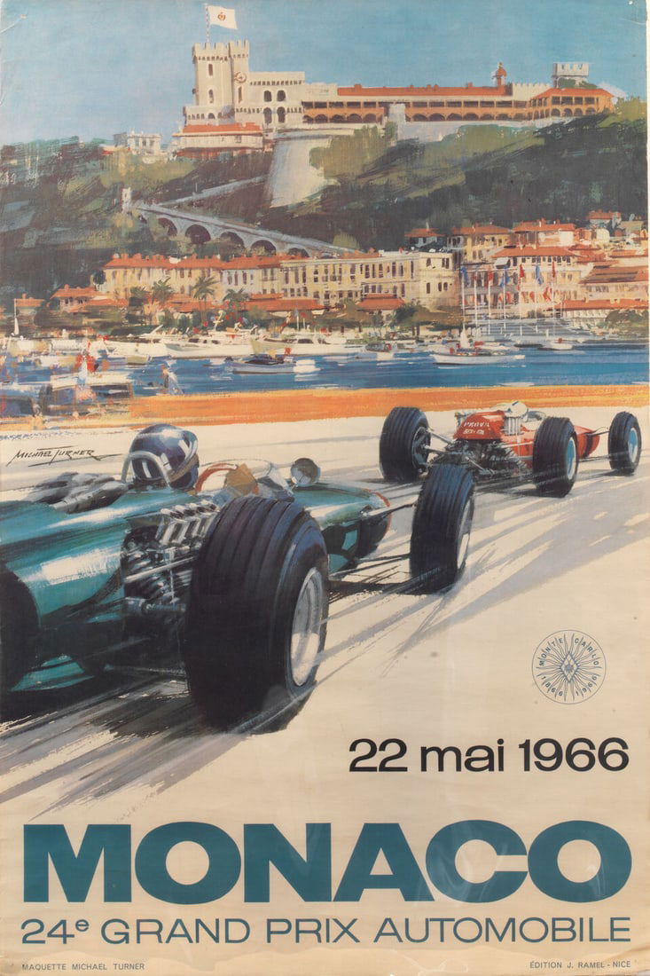 A 1966 Monaco Grand Prix poster after Michael Turner,: A 1966 Monaco Grand Prix poster after Michael Turner, 60 x 40cm, (old pin holes and wear to corners), unmounted. Lot to be sold without reserve. For further information on this lot please visit Bonham