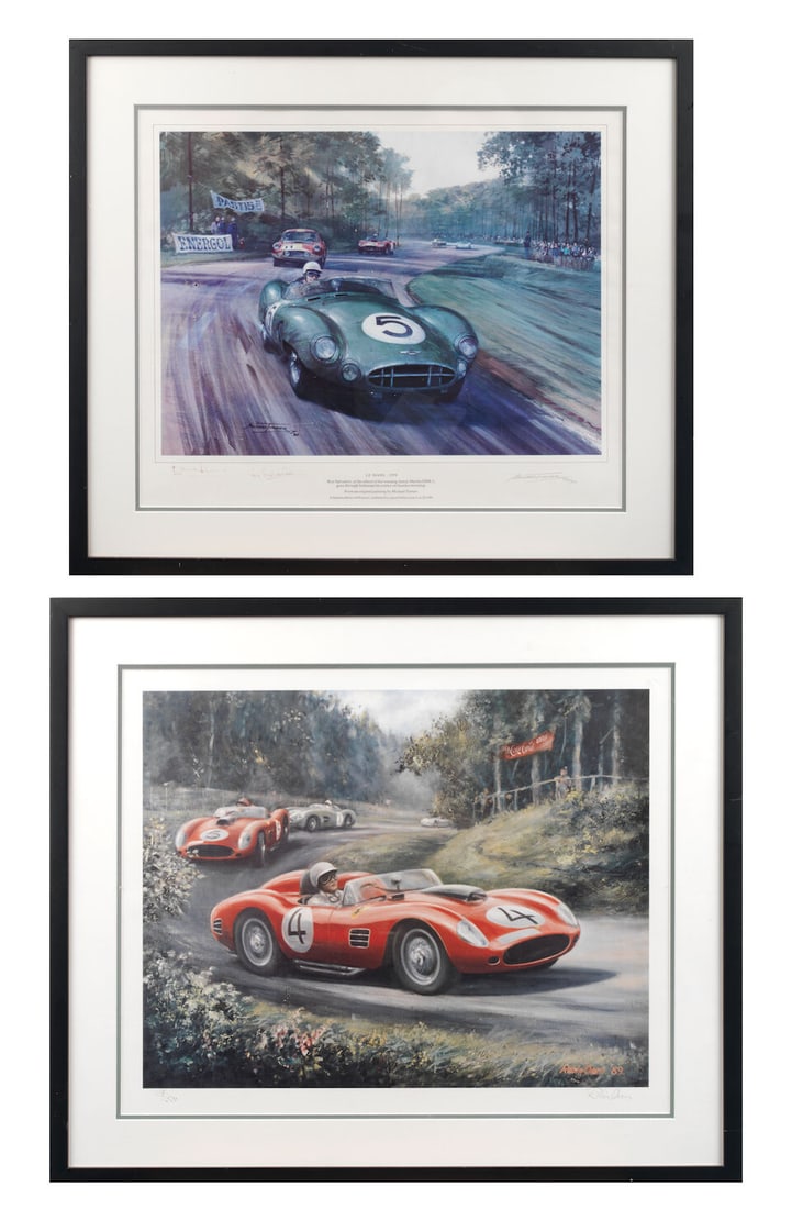 'Le Mans 1959', after Michael Turner, ((2)): 'Le Mans 1959', after Michael Turner, limited edition print, number 770/850, signed by David Brown, Roy Salvadori and the artist, 38 x 47cm, mounted, framed and glazed; together with 'Ferrari 250 TR,