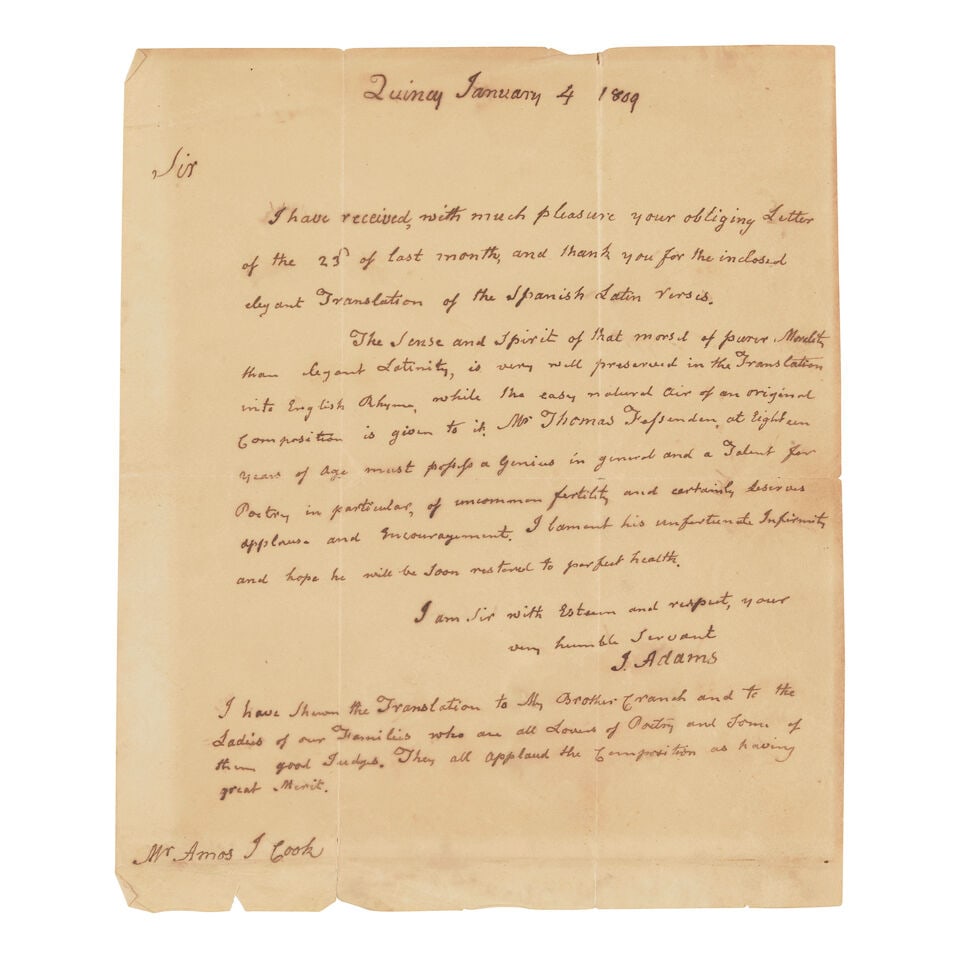FAMOUS JOHN ADAMS LETTER FROM THE FRYEBURG ACADEMY COLLECTION. ADAMS, JOHN. 1735-1826. Autograph... (1 of 1)