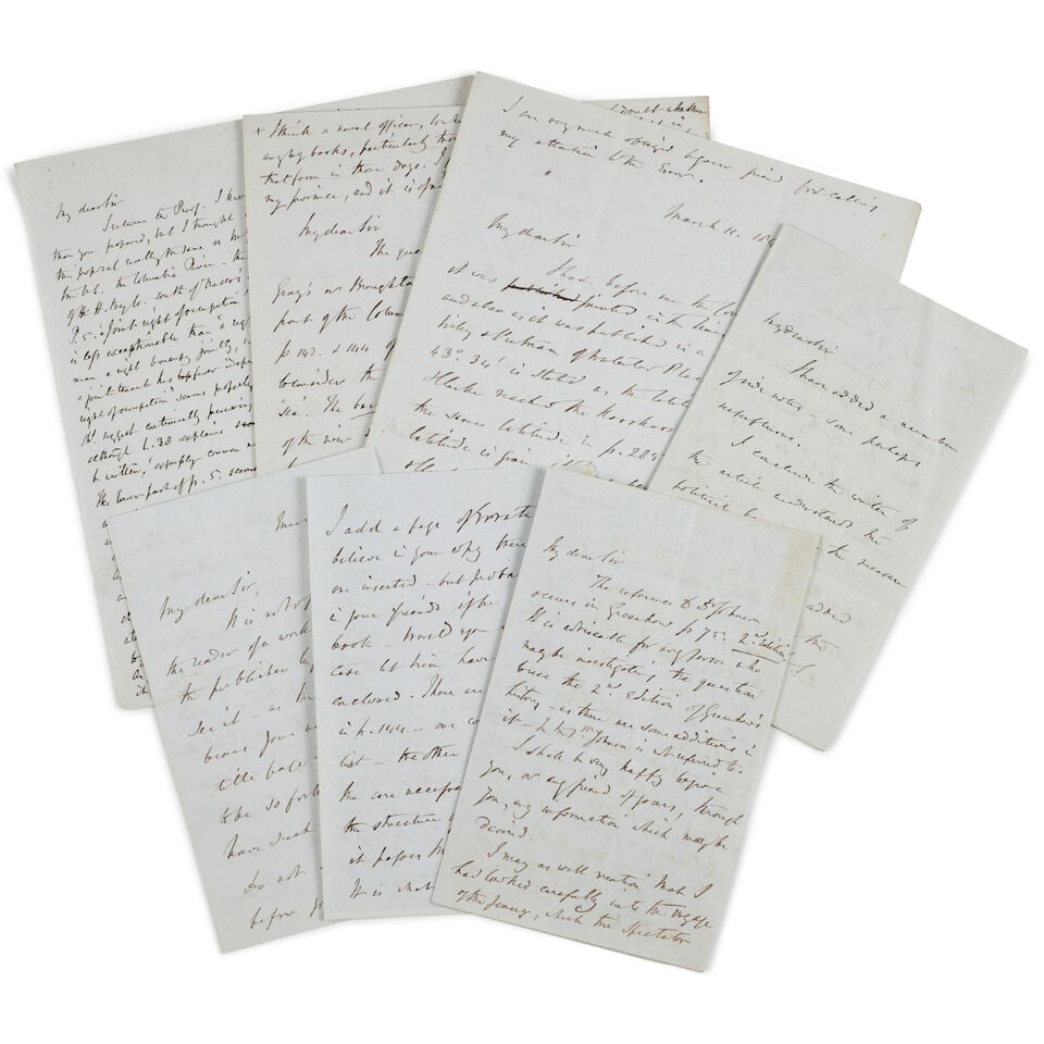 TWISS AUTOGRAPH LETTERS SIGNED TO PUBLISHER JOHN MURRAY IN THE YEAR OF PUBLICATION OF THE OREGON...: TWISS AUTOGRAPH LETTERS SIGNED TO PUBLISHER JOHN MURRAY IN THE YEAR OF PUBLICATION OF THE OREGON QUESTION. TWISS, TRAVERS, SIR. 1809-1897. A group of 6 autograph letters signed comprising 22pp., 4to a