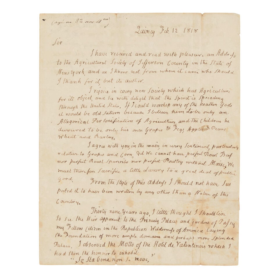 ADAMS TO THE HEIR OF A 'FRENCH FATHER OF THE REVOLUTION.' ADAMS, JOHN. 1735-1826. Autograph Lett... (1 of 2)