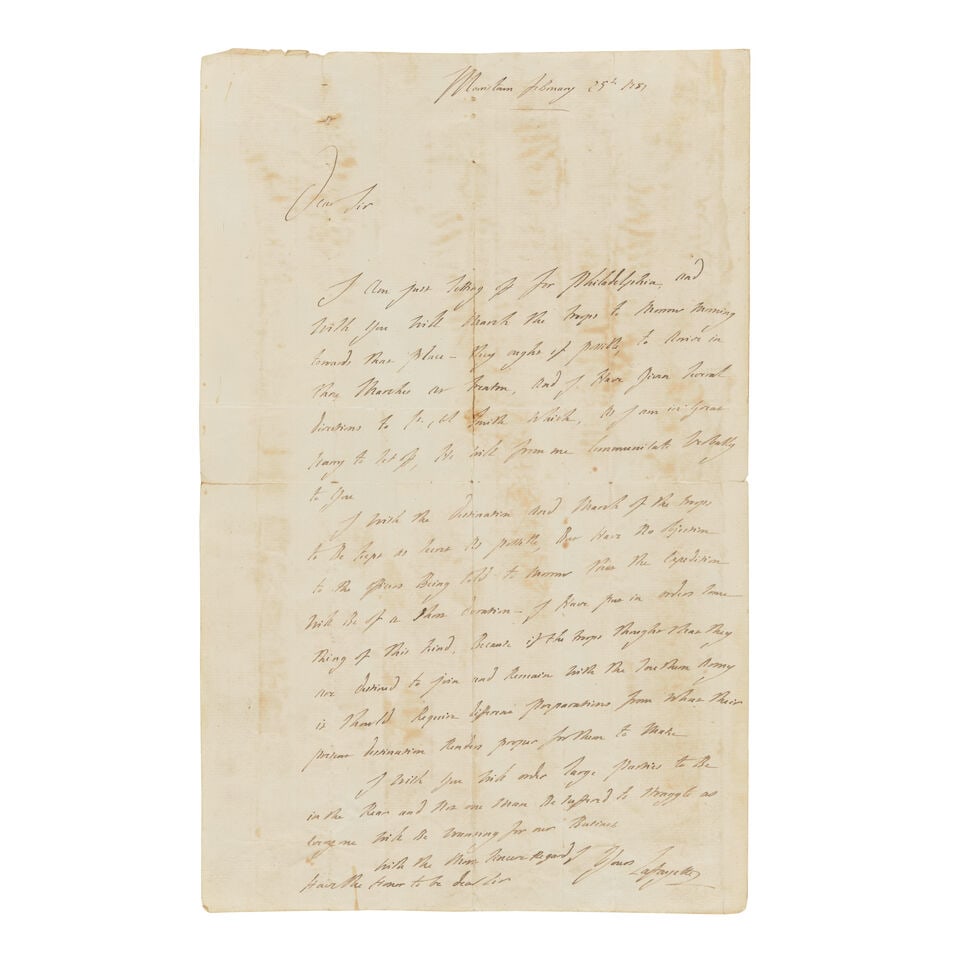 LAFAYETTE BEGINS HIS SOUTHERN CAMPAIGN. LAFAYETTE, GILBERT DE MOTIER, MARQUIS DE. 1757-1834. Aut...: LAFAYETTE BEGINS HIS SOUTHERN CAMPAIGN. LAFAYETTE, GILBERT DE MOTIER, MARQUIS DE. 1757-1834. Autograph Letter Signed ('Lafayette') to Col Joseph Vose [unnamed] giving marching orders to head for Trent
