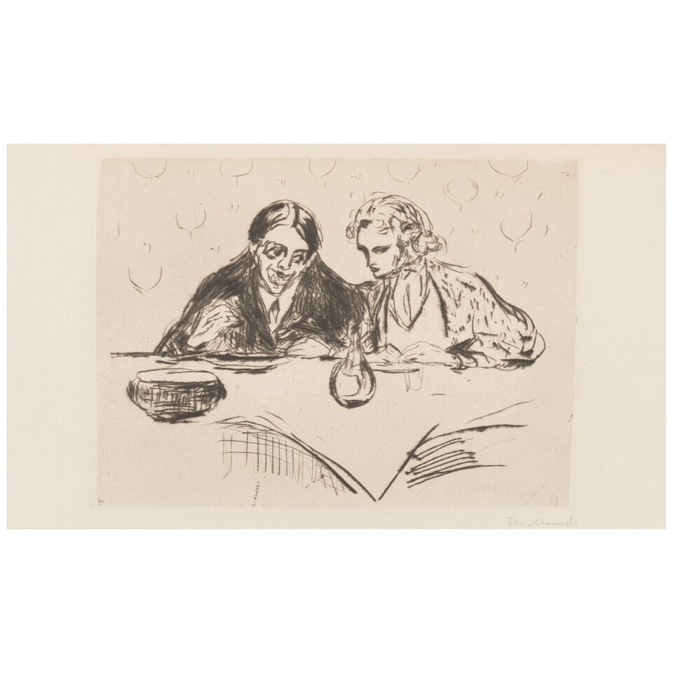 TWO WORKS WITH ORIGINAL ETCHINGS BY EDVARD MUNCH, INCLUDING 'DAS SOUPER' SIGNED BY MUNCH. MUNCH,...: TWO WORKS WITH ORIGINAL ETCHINGS BY EDVARD MUNCH, INCLUDING 'DAS SOUPER' SIGNED BY MUNCH. MUNCH, EDVARD 1863-1944. SCHIEFLER, GUSTAV. 1857-1935. 1. Edvard Munch: Das graphische Werk 1906-1926. Berlin: