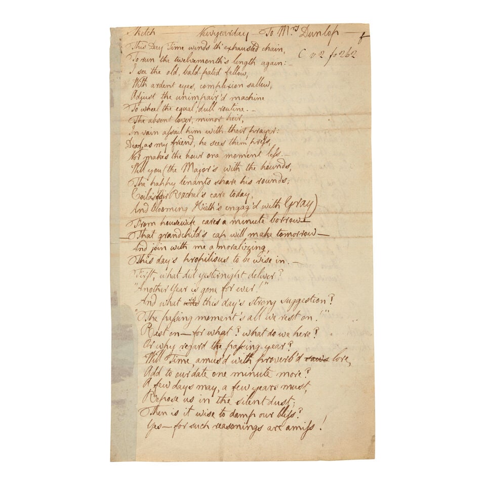 AUTOGRAPH MANUSCRIPT OF 'NEW YEAR'S DAY - FOR MRS DUNLOP.' BURNS, ROBERT. 1759-1796. Autograph M... (1 of 2)