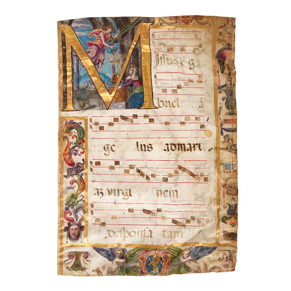 16TH-CENTURY ITALIAN ILLUMINATION ON VELLUM. Illuminated manuscript on vellum, The Annunciation ... (1 of 2)