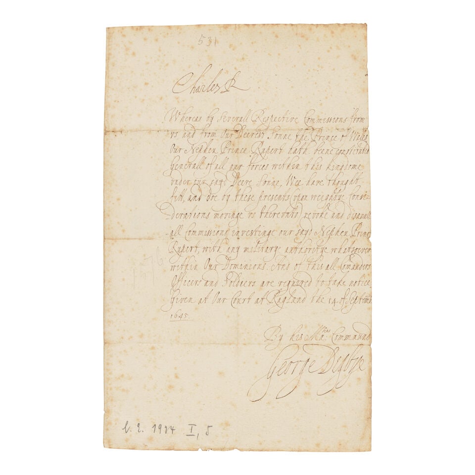 KING CHARLES I REVOKES ALL AUTHORITY OF PRINCE RUPERT AFTER THE FALL OF BRISTOL. CHARLES I. 1600... (1 of 1)