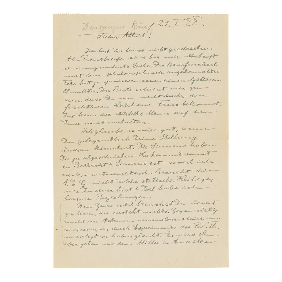 ALBERT EINSTEIN ON ATOMIC THEORY AND RELATIVITY EINSTEIN, ALBERT. 1879-1955. Autograph letter ... (1 of 2)