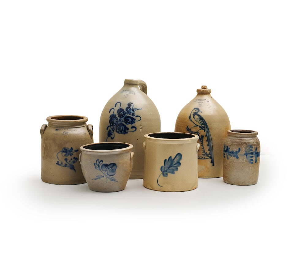 A collection of antique American salt glazed stoneware bottles, crocks and churns, various maker... (1 of 1)