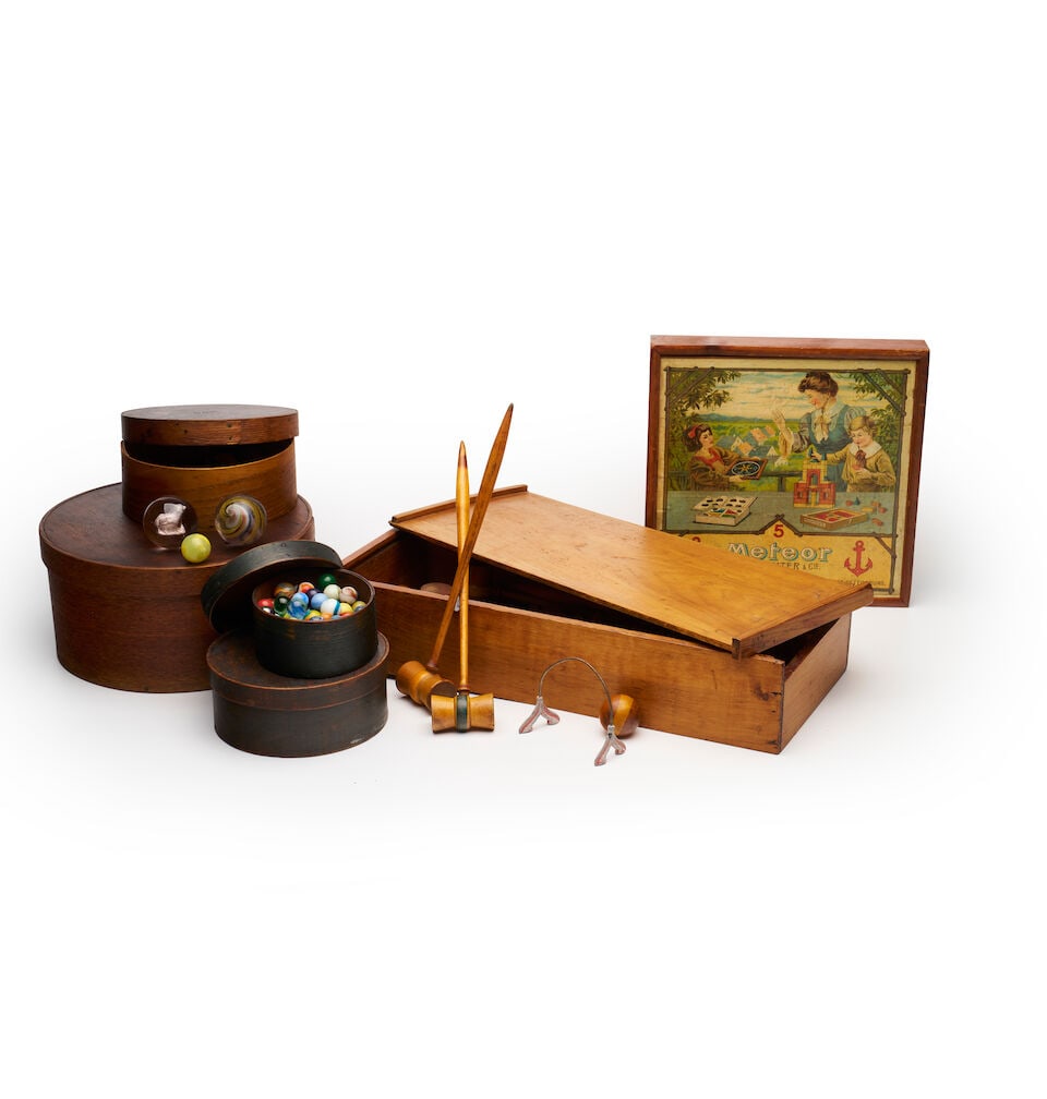 Vintage games including marbles, housed in four wooden Shaker boxes, croquet box: 43.0 x 20.0 ...: Vintage games including marbles, housed in four wooden Shaker boxes, including stone, clay and glass examples, together with the board game 'Meteor' and a table croquet set in the original pine box (6