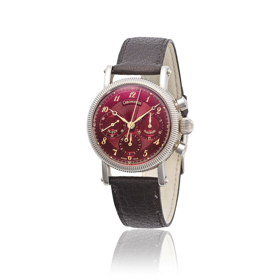 Chronoswiss. A stainless steel manual wind chronograph wristwatch Chronoswiss. Chronographe brac...: Chronoswiss. A stainless steel manual wind chronograph wristwatch Chronoswiss. Chronographe bracelet en acier mouvement mécanique Model: Kairos Reference: CH 1823, No.029 Date: Circa 1990 Movemen