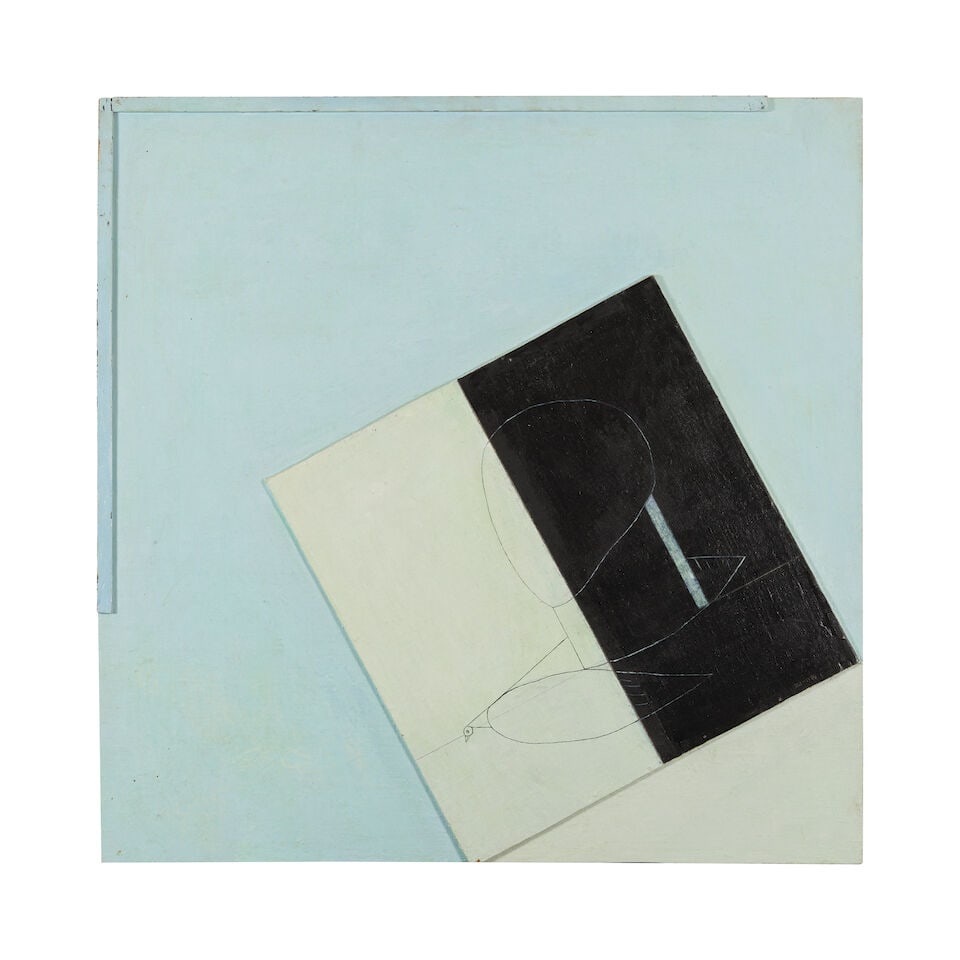 Eduard Arkadievich Steinberg (Russian, 1937-2012 Composition avec un oiseau/ Composition with a ...: Eduard Arkadievich Steinberg (Russian, 1937-2012 Composition avec un oiseau/ Composition with a bird signé en cyrillique, titré et daté '1970' (verso) collage et huile sur toile 90 x 90