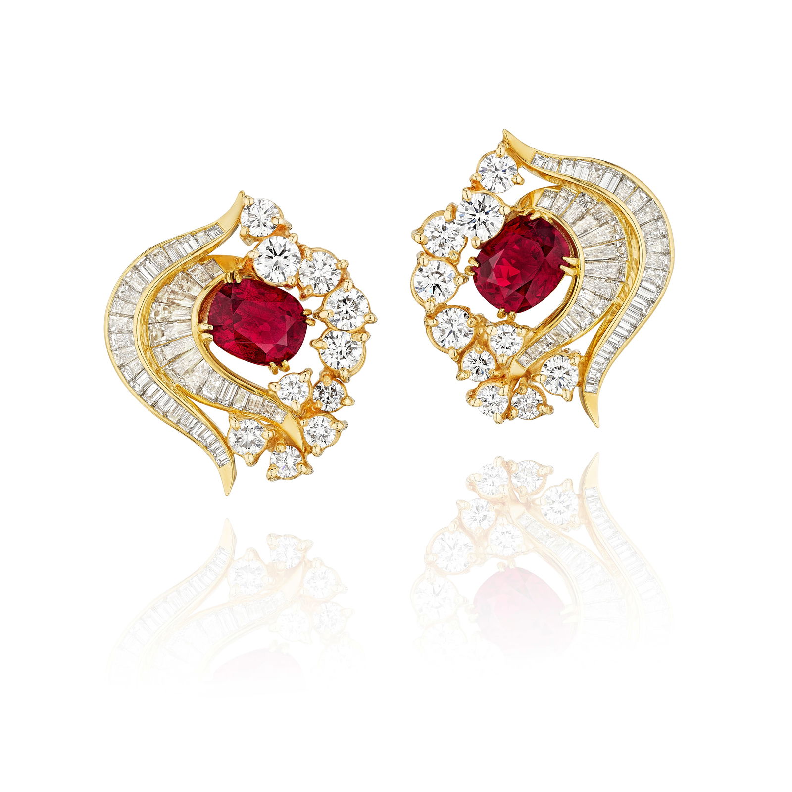 JULIUS COHEN: A PAIR OF SPINEL AND DIAMOND EARCLIPS: JULIUS COHEN: A PAIR OF SPINEL AND DIAMOND EARCLIPS Each centering an oval-shaped spinel weighing 3.48 and 2.87 carats respectively, accented with two rows of baguette-cut diamonds and round brilliant