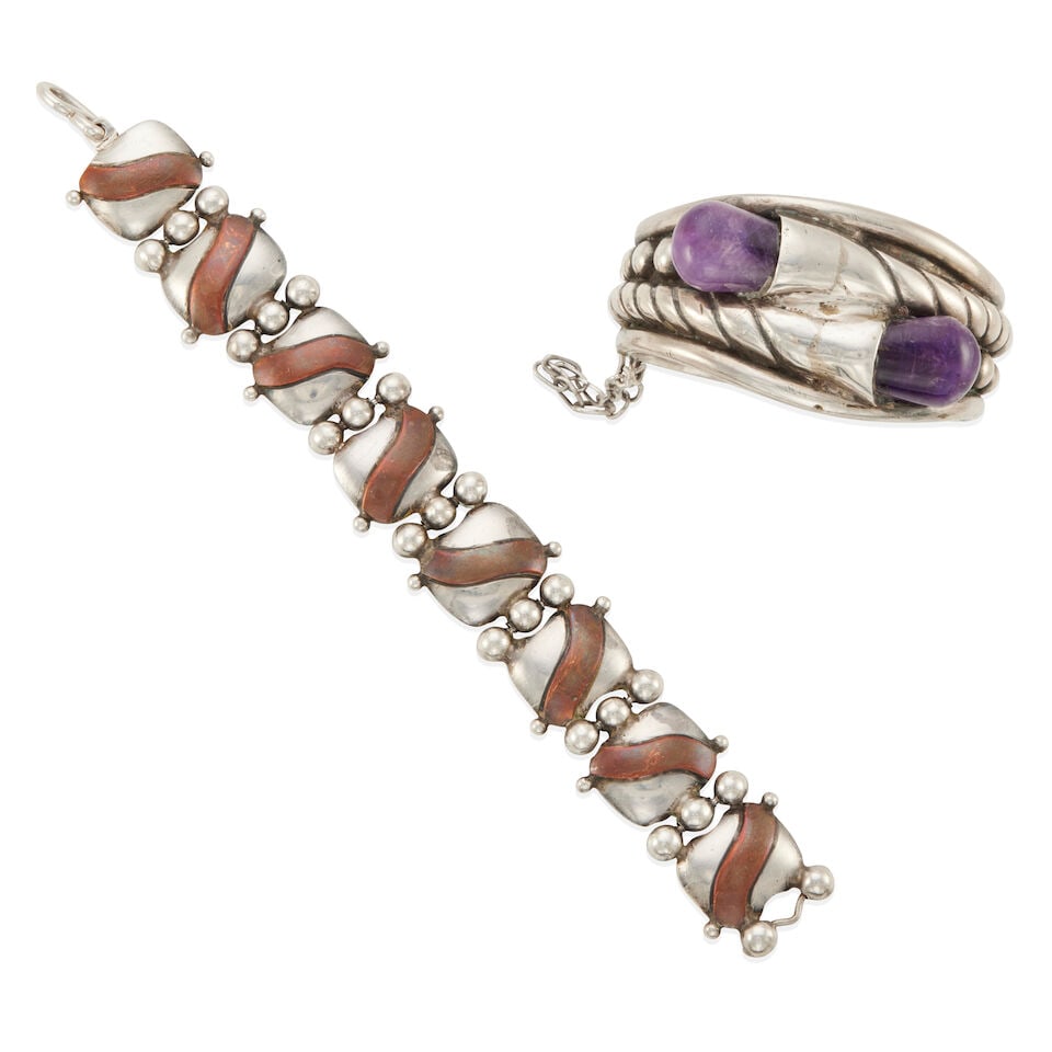 WILLIAM SPRATLING: TWO STERLING SILVER, COPPER, AND AMETHYST BRACELETS (1 of 2)