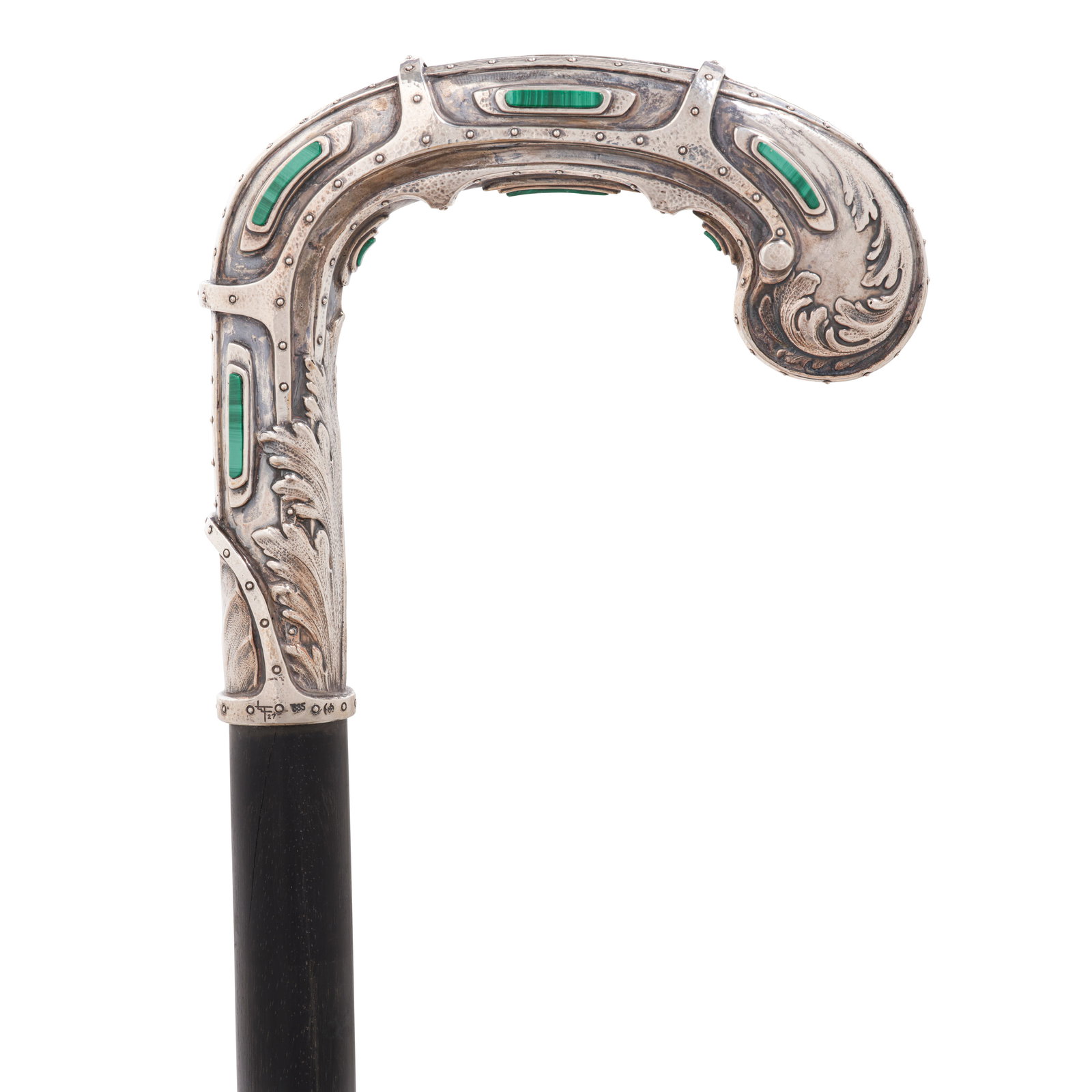A GERMAN MALACHITE INSET 835 STANDARD SILVER MACHINE AGE CANEDesigned and executed by Wolfgang T...: A GERMAN MALACHITE INSET 835 STANDARD SILVER MACHINE AGE CANE Designed and executed by Wolfgang Tümpel, Halle, 1927 Depicting a symmetrical network of strapwork studded with pinhead rivets set am