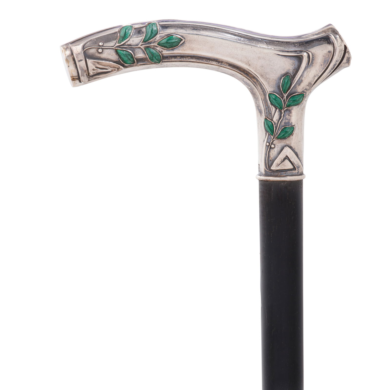 A GERMAN JUGENDSTIL MALACHITE INSET 800 STANDARD SILVER CANEDesigned by Emil Harnisch, executed ...: A GERMAN JUGENDSTIL MALACHITE INSET 800 STANDARD SILVER CANE Designed by Emil Harnisch, executed by Gebrüder Friedländer, Berlin, circa 1900 Decorated with four sprigs of malachite laurel le