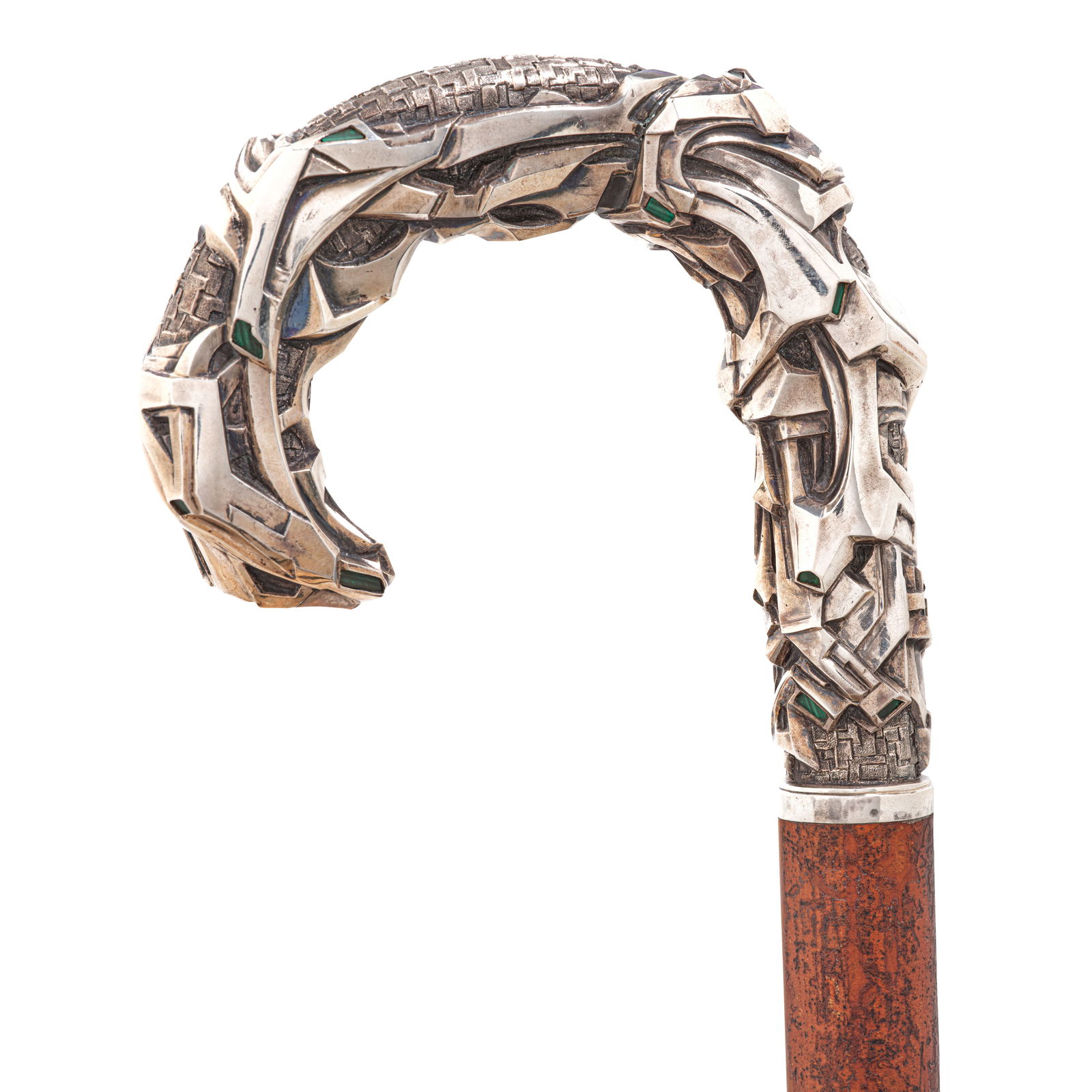 A SWEDISH MALACHITE INSET 833 STANDARD SILVER STYLIZED GEOMETRIC CANEDesigned and executed by Wi...: A SWEDISH MALACHITE INSET 833 STANDARD SILVER STYLIZED GEOMETRIC CANE Designed and executed by Wilhelm James Andreevitch Bolin, Stockholm, 1917 On a Malacca shaft with a metal ferrule. height overall