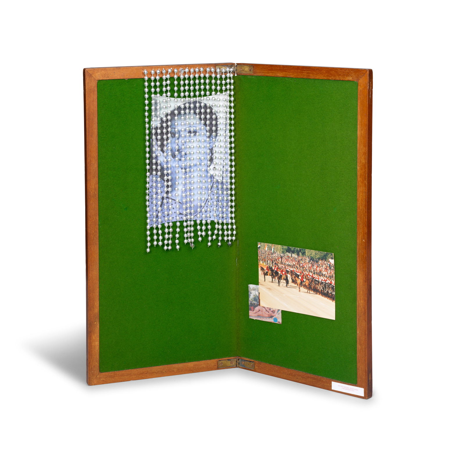 Athen & Nina Brady & Durban (B. 2000) Do not mistake temptation for opportunity: Athen & Nina Brady & Durban (B. 2000) Do not mistake temptation for opportunity found images, fortune and postcard on games board with beads and beaded string 52 x 52cm (20 1/2 x 20 1/2in). Footn