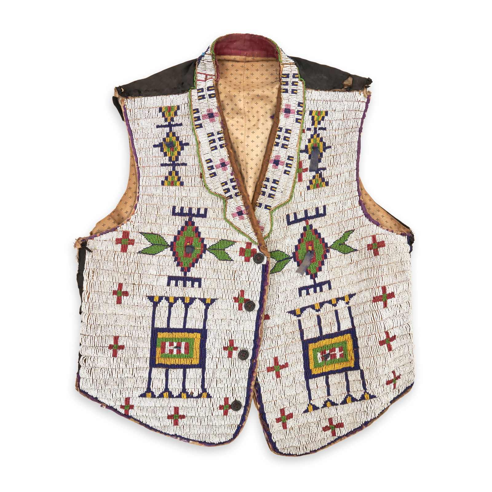 A Central Plains beaded hide and cloth man's vest: A Central Plains beaded hide and cloth man's vest With fabric backing and interior lining and European-style collar/lapels, the front panels of buffalo hide, beaded with geometric designs on a white g