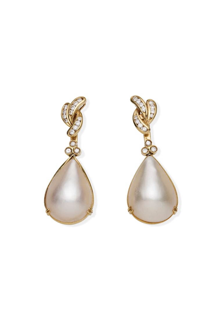 PAIR OF MABE PEARL AND DIAMOND EARRINGS (1 of 1)