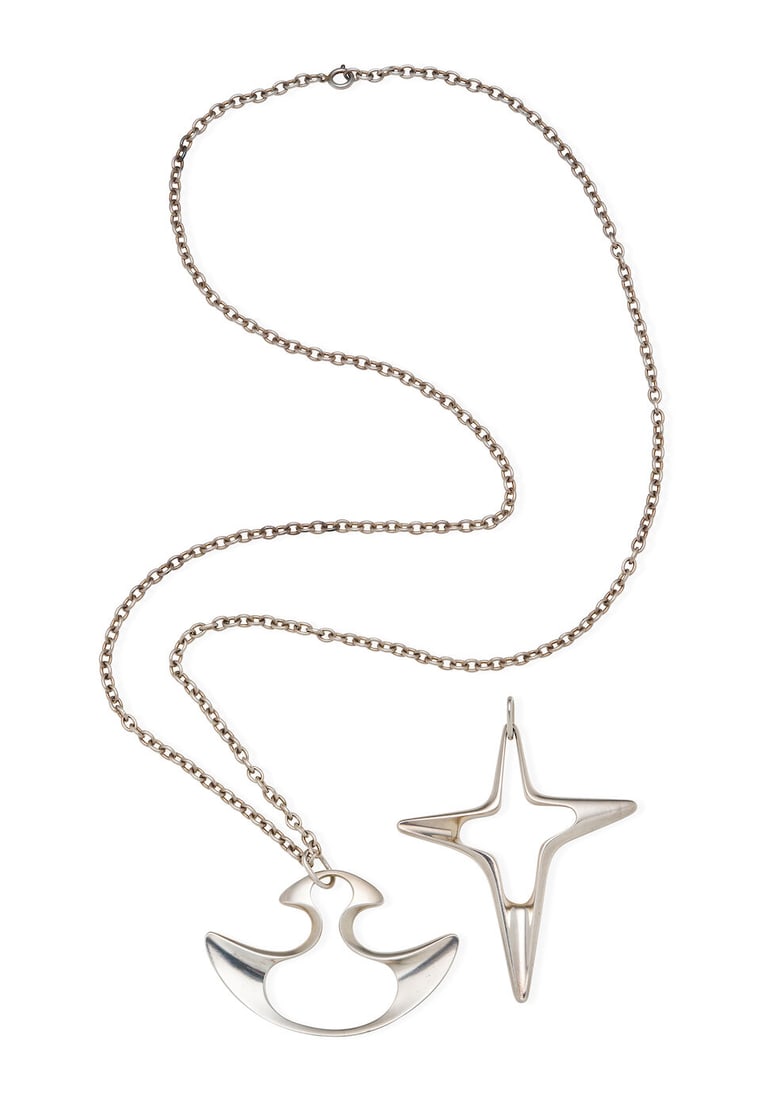 GEORG JENSEN | TWO STERLING SILVER PENDANTS & NECKLACE: GEORG JENSEN | TWO STERLING SILVER PENDANTS & NECKLACE - Design 151 and Design 153 stamped HK for Henning Koppel. - Each signed Georg Jensen 925S Denmark - length 8.5cm and 5.2cm. - Accompanied by ste