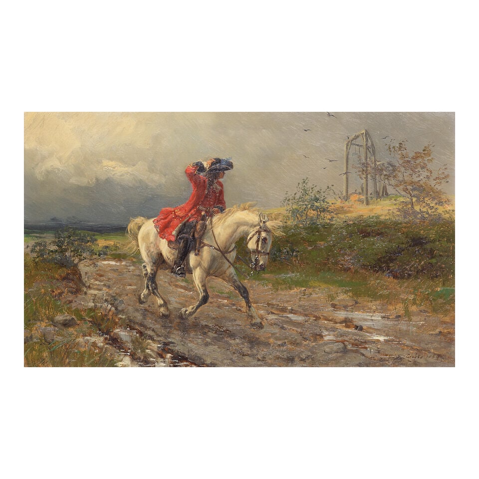 Ernest Crofts, RA (British, 1847-1911) The highwayman: Ernest Crofts, RA (British, 1847-1911) The highwayman signed and dated 'E.Crofts 1888' (lower right) oil on canvas 28 x 46cm (11 x 18 1/8in). For further information on this lot please visit