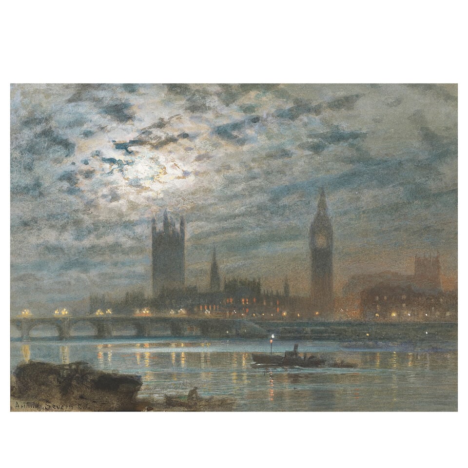 Joseph Arthur Palliser Severn (British, 1842-1931) Westminster Bridge and The Houses of Parliame...: Joseph Arthur Palliser Severn (British, 1842-1931) Westminster Bridge and The Houses of Parliament at dusk signed 'ARTHUR SEVERN R.I.' (lower right) watercolour and bodycolour 26 x 35cm (10 1/4 x
