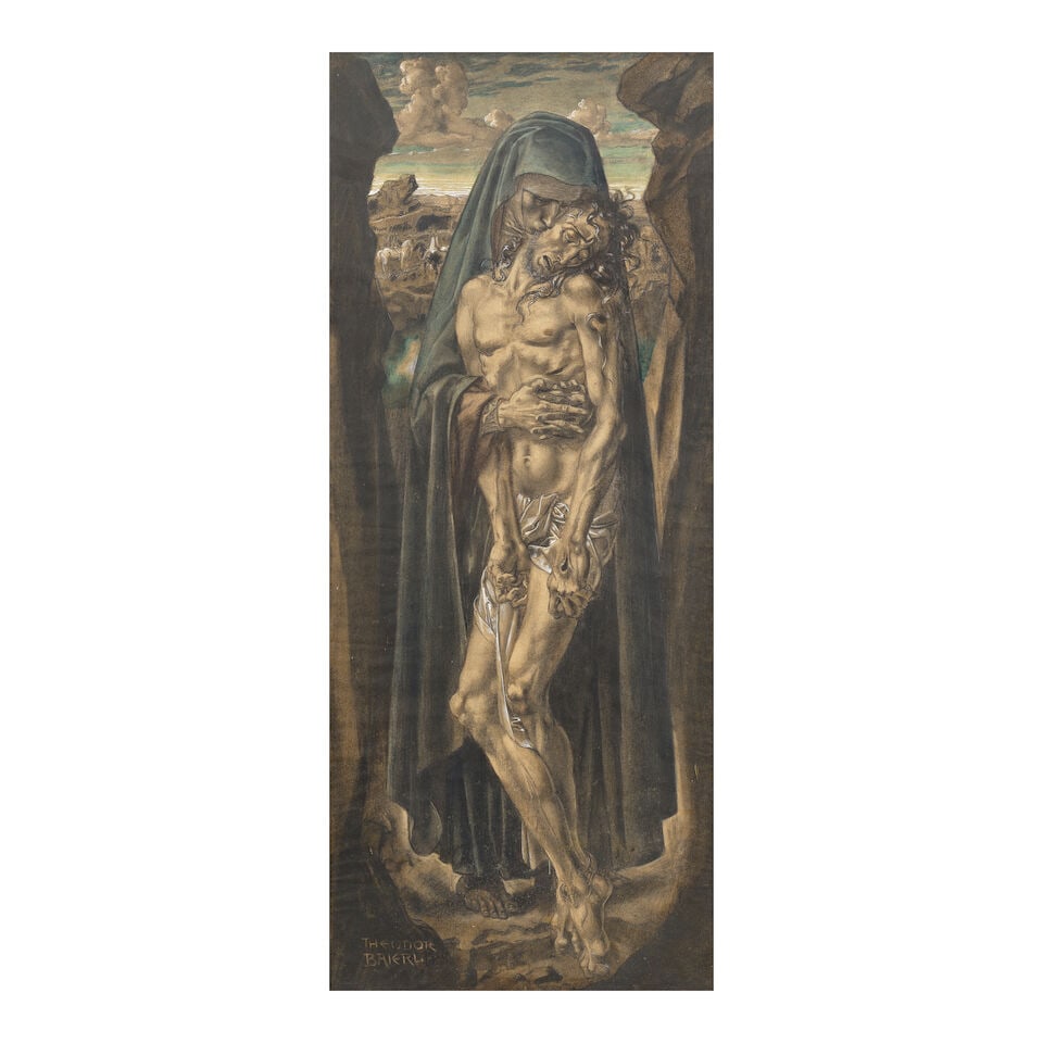 Theodor Baierl (German, 1881-1932) The pietà: Theodor Baierl (German, 1881-1932) The pietà signed 'THEODOR/BAIERL' (lower left) charcoal and coloured pencil heightened with white 97 x 41cm (38 3/16 x 16