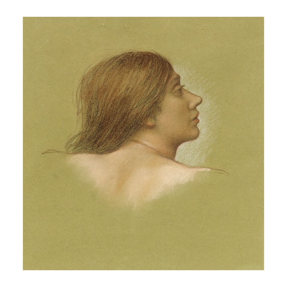 Evelyn de Morgan (British, 1855-1919) Study of a woman's head, looking over her shoulder: Evelyn de Morgan (British, 1855-1919) Study of a woman's head, looking over her shoulder coloured chalk 30 x 29cm (11 13/16 x 11 7/16in). Footnotes: Provenance With Baynton-Williams,