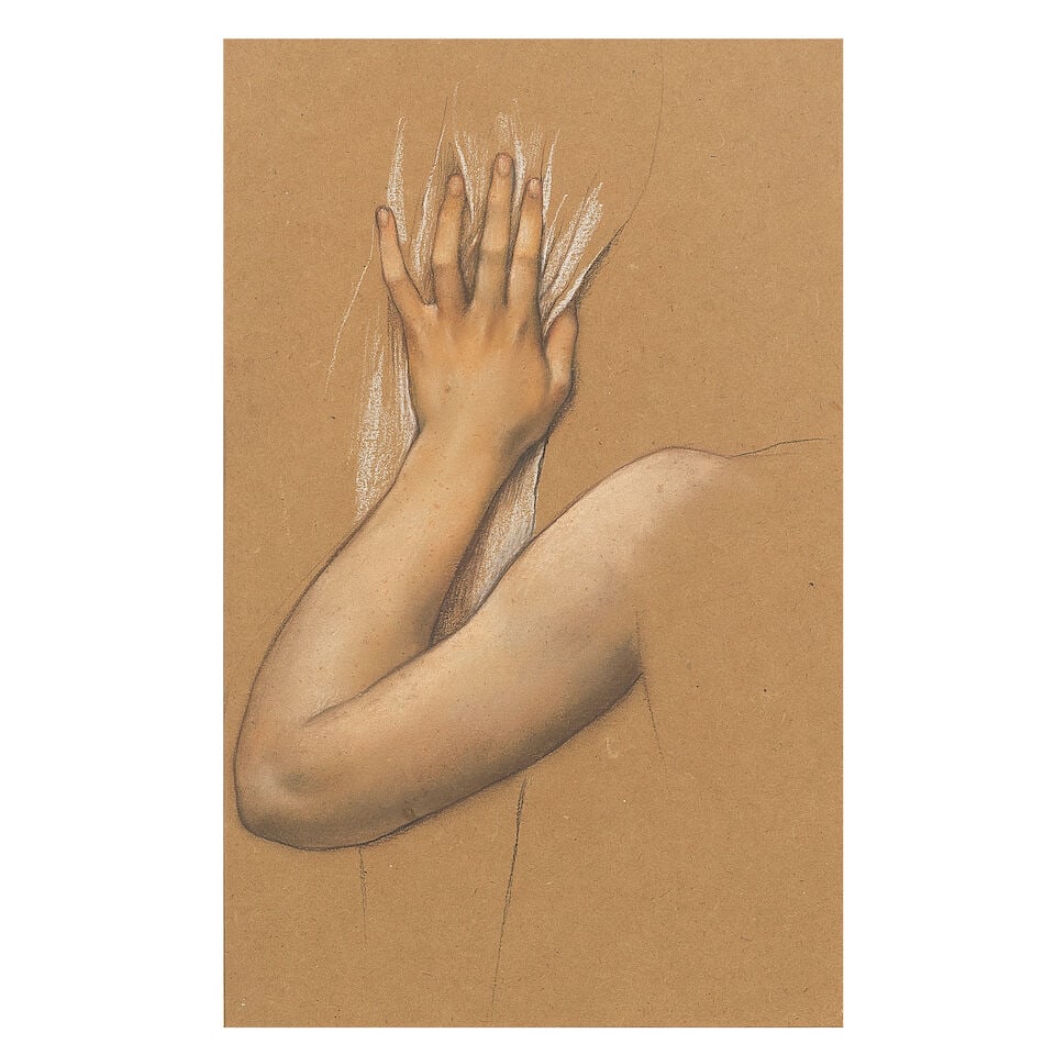 Evelyn de Morgan (British, 1855-1919) Hand study with drapery: Evelyn de Morgan (British, 1855-1919) Hand study with drapery coloured chalk 24 x 37.5cm (9 7/16 x 14 3/4in). Footnotes: Provenance Private collection, UK. Evelyn De Morgan is regarded as one of