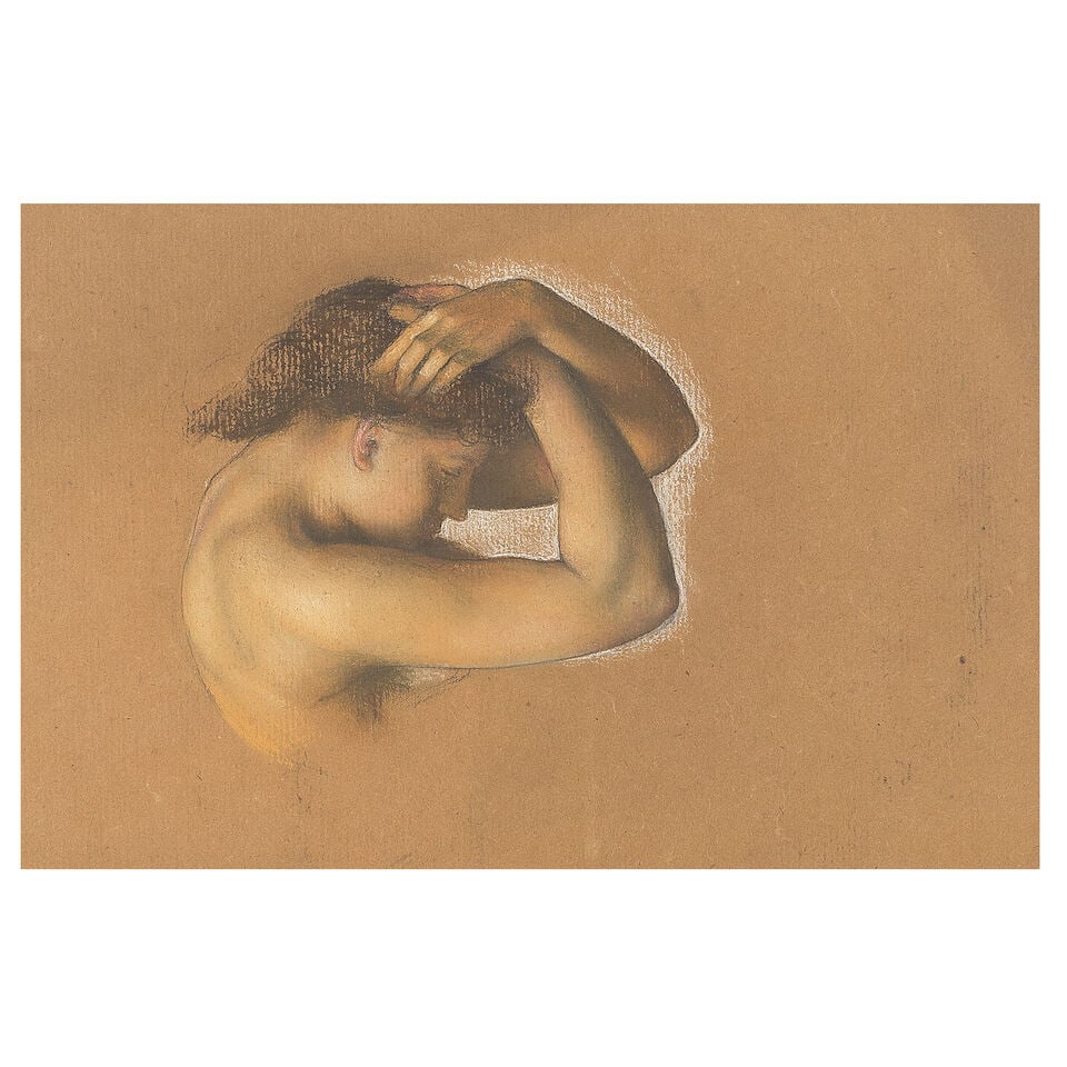 Evelyn de Morgan (British, 1855-1919) Study of a woman, bracing her head: Evelyn de Morgan (British, 1855-1919) Study of a woman, bracing her head coloured chalk and pencil 22 x 32cm (8 11/16 x 12 5/8in). Footnotes: Provenance Private collection, UK. This work could be a pr