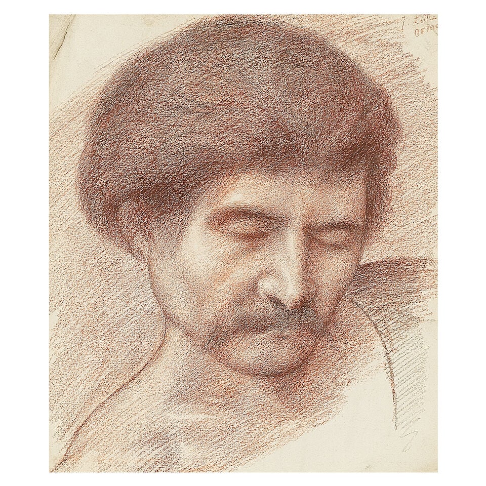 Attributed to Evelyn de Morgan (British, 1855-1919) Study of a man's head: Attributed to Evelyn de Morgan (British, 1855-1919) Study of a man's head inscribed 'J.Little/Ormon' (upper right) red chalk over traces of pencil 28 x 23cm (11 x 9 1/16in). Footnotes: Provenance Priv