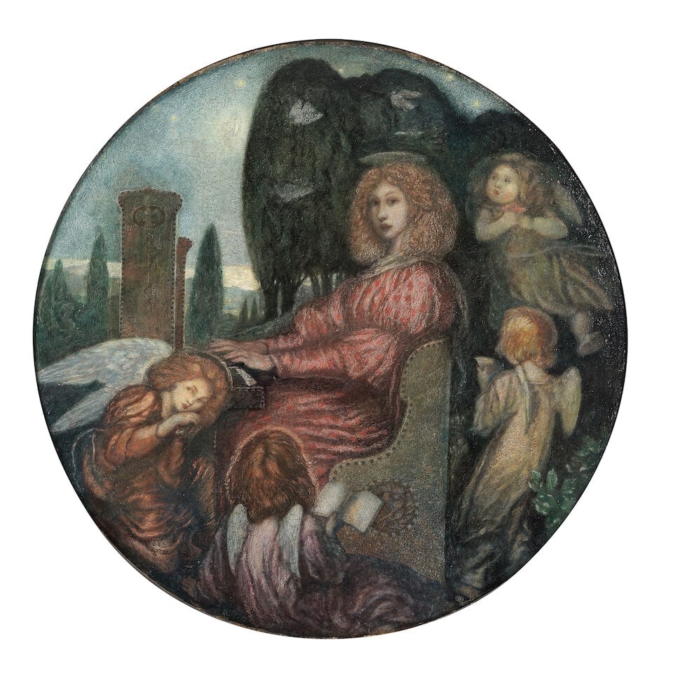 Reginald F. Hallwood (British, 1858-1948) St Cecilia: Reginald F. Hallwood (British, 1858-1948) St Cecilia signed with monogram and dated '1895-07' (lower right) oil on panel tondo 82cm (32 5/16 in) diameter. Footnotes: Provenance With Campbell Wilson