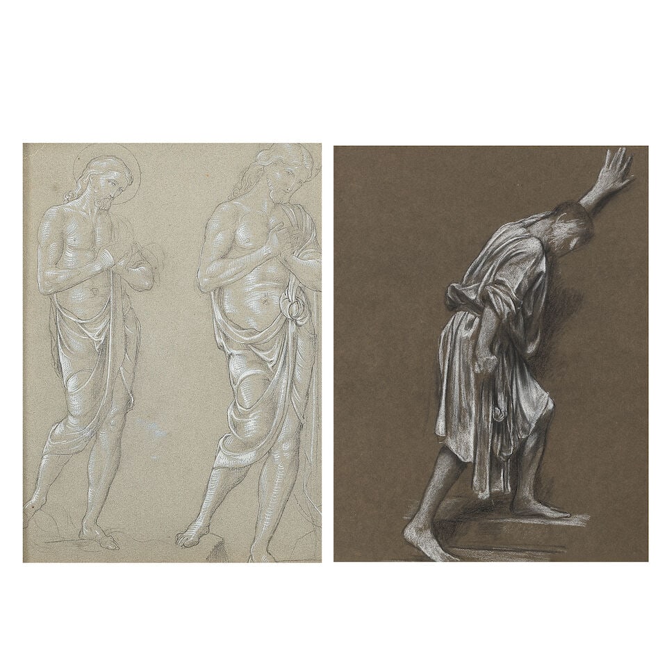 Evelyn de Morgan (British, 1855-1919) Study of a leaning figure; Studies of Christ: Evelyn de Morgan (British, 1855-1919) Study of a leaning figure; Studies of Christ two, black and white chalk 42 x 35cm (16 9/16 x 13 3/4in) and 24 x 19cm (9 7/16 x 7 1/2in). (2) Footnotes: Provenance