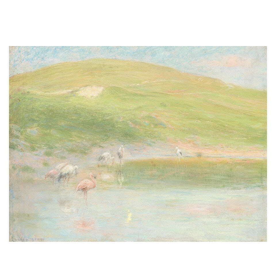 Edward Stott, ARA (British, 1855-1918) Flamingos at the watering pool: Edward Stott, ARA (British, 1855-1918) Flamingos at the watering pool signed 'Edward STOTT' (lower left) pastel over traces of pencil 29.5 x 40cm (11 5/8 x 15 3/4in). For further information on