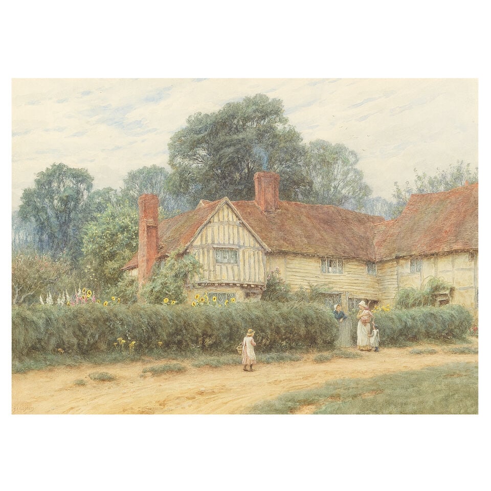 Helen Allingham, RWS (British, 1848-1926) Figures before Dears Farm: Helen Allingham, RWS (British, 1848-1926) Figures before Dears Farm signed 'H.Allingham' (lower left) watercolour heightened with white 31 x 42cm (12 3/16 x 16 9/16in). Footnotes: Provenance With