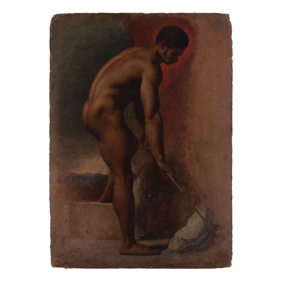 William Edward Frost, RA (British, 1810-1877) Study of a male nude: William Edward Frost, RA (British, 1810-1877) Study of a male nude signed 'W.E.FROST.ARA' (lower right), inscribed and dated '1839/March/Cook Visitor No5' (lower left) oil on card 59.5 x 41.5cm (23