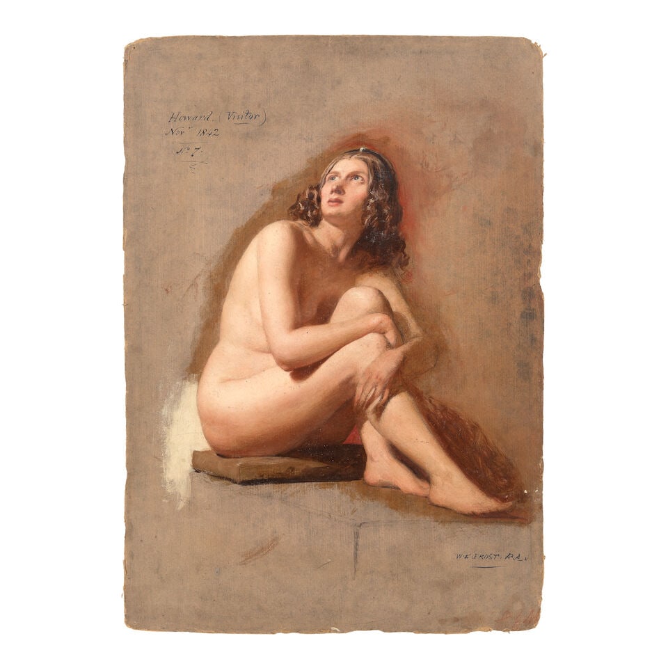 William Edward Frost, RA (British, 1810-1877) Study of a female nude seated: William Edward Frost, RA (British, 1810-1877) Study of a female nude seated signed 'W.E.FROST.ARA.' (lower right), inscribed and dated 'Howard. (Visitor)/Novr 1842/No7' (upper left) oil on card 59.5