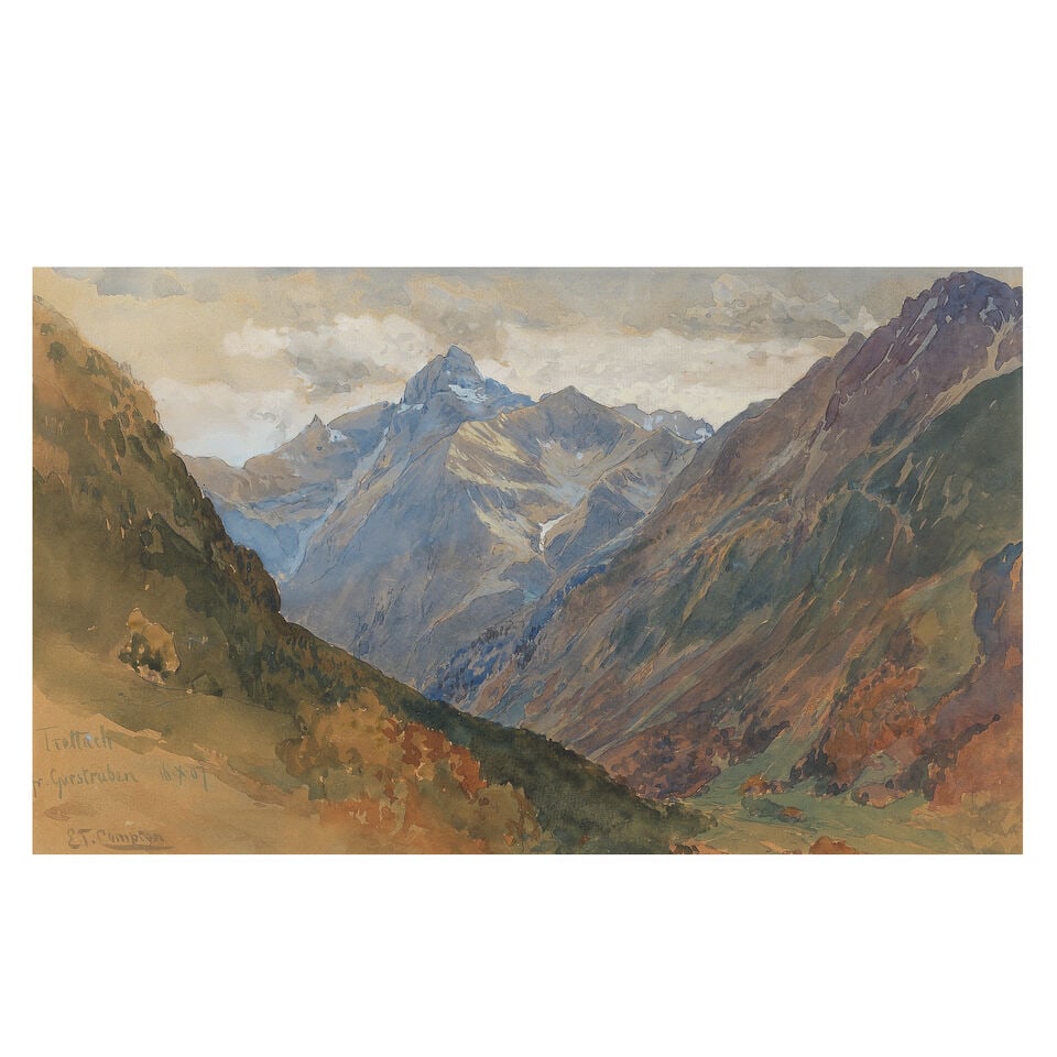 Edward Theodore Compton (British, 1849-1921) Trettachspitze from Gurstruben: Edward Theodore Compton (British, 1849-1921) Trettachspitze from Gurstruben signed, inscribed and dated 'Trettach/Fr Gurstruben 16.7.07/E.T. Compton' (lower left) watercolour and bodycolour 23 x 37cm