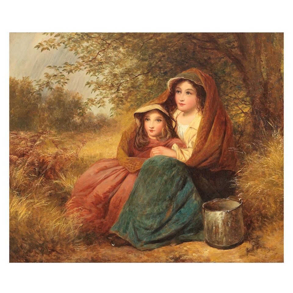 Edward John Cobbett (British, 1815-1899) Sheltering from the rain: Edward John Cobbett (British, 1815-1899) Sheltering from the rain signed 'E J Cobbett' (lower right) oil on canvas 54 x 64cm (21 1/4 x 25 3/16in). Footnotes: Provenance Anon. sale, Christie's,